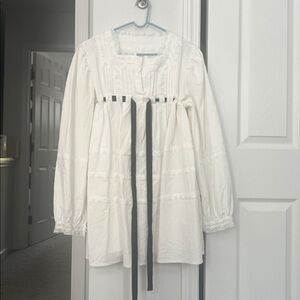 White Long Sleeve Dress with Black Ribbon